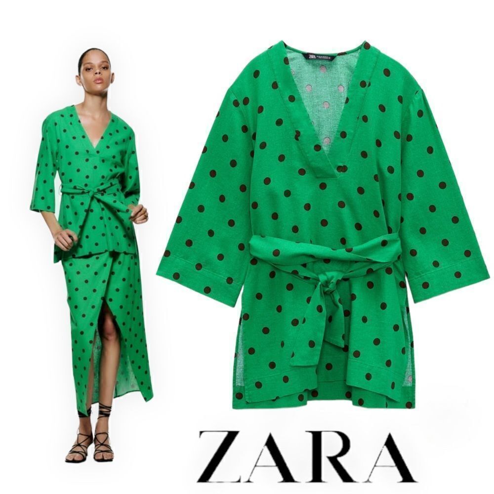 ZARA Green Polka Dot Linen Blend Belted Kaftan Top Size S NWT